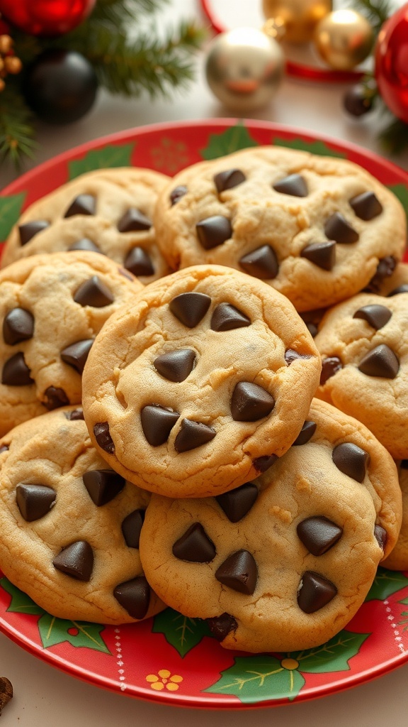 A plate of golden brown chocolate chip cookies with melted chocolate chips, decorated for Christmas.